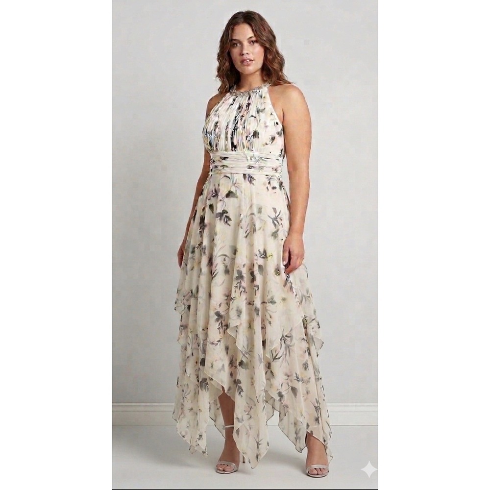 Calvin Klein Floral Halter Maxi Gown Size 12. Beaded Neckline. Formal.